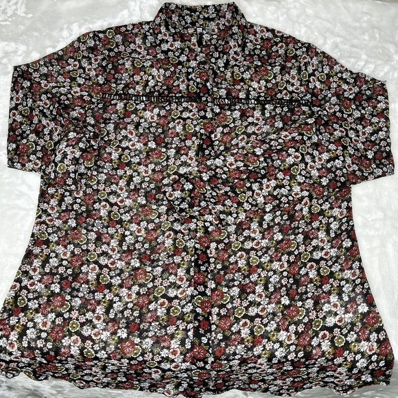 Kut From The Kloth Sheer Black Floral Long Sleeve Button Up Shirt Sz M - Picture 9 of 10